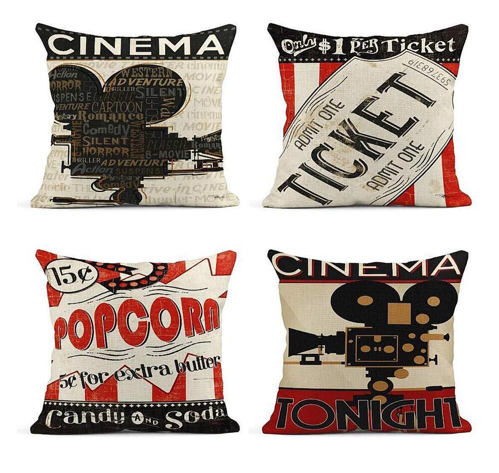 6451 Set of 4 Linen Throw Pillow Covers Vintage Cinema Movie Theater Fresh